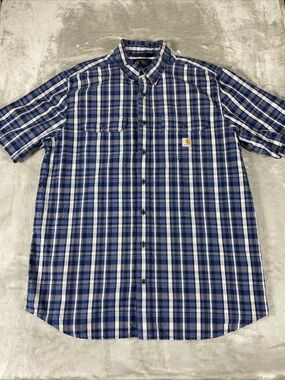 Carhartt Men’s XL Tall Blue and White Plaid Short Sleeve Button-Down Shirt